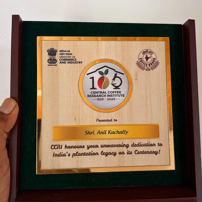 Central Coffee Research Institute centenary recognition presented to Anil Kuchally